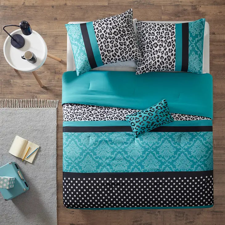 Leopard Damask 4-Piece Comforter Set, Teal Blue