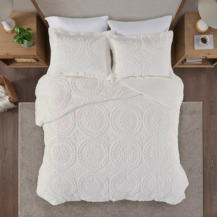 Medallion Faux Fur Plush Comforter/Duvet Cover Set, Ivory