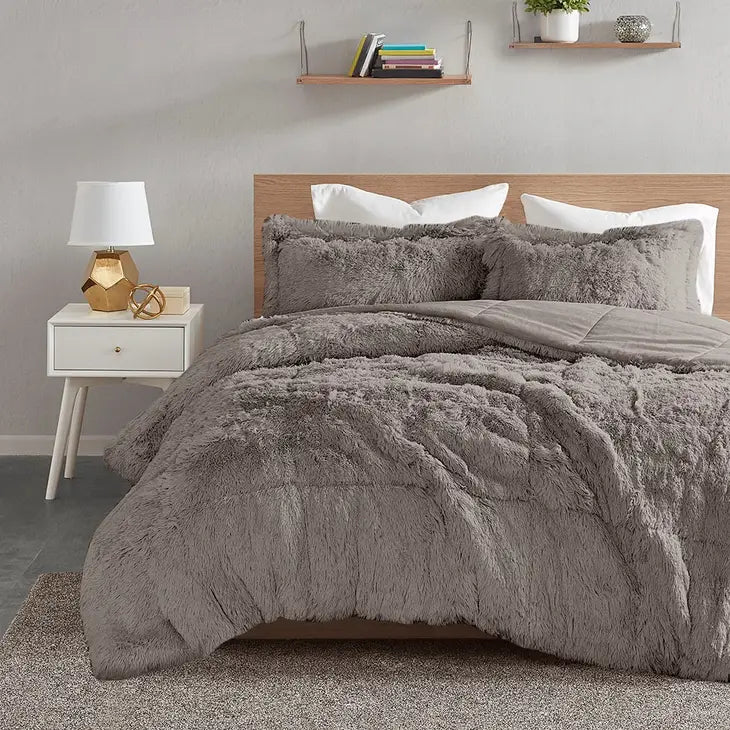 Shaggy Fur 3-Piece Comforter or Duvet Cover Set, Grey