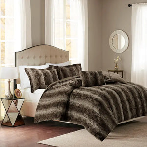 Long Faux Fur 4-Piece Comforter Set, Brown