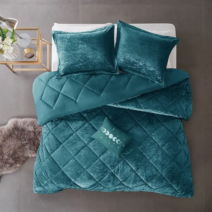 Crushed Velvet 4-Piece Comforter or Duvet Cover Set, Teal