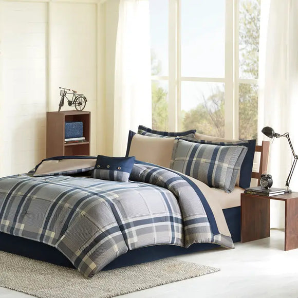 Navy Plaid Complete Comforter and Sheet Set, Blue
