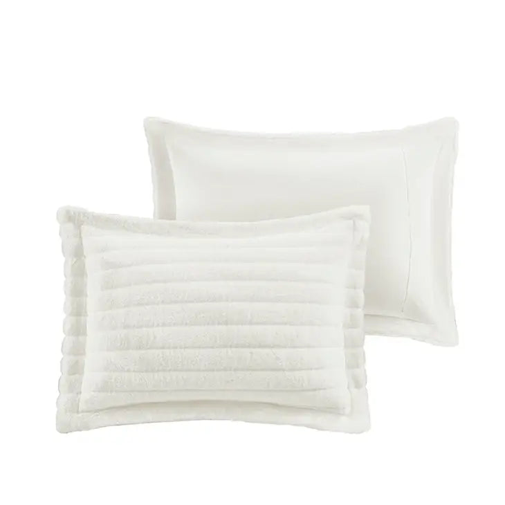 Striped Faux Fur Plush Comforter Mini Set, Ivory