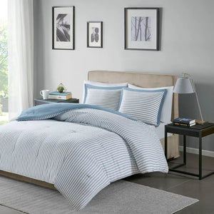 Reversible Striped/Solid Comforter Mini Set, Blue