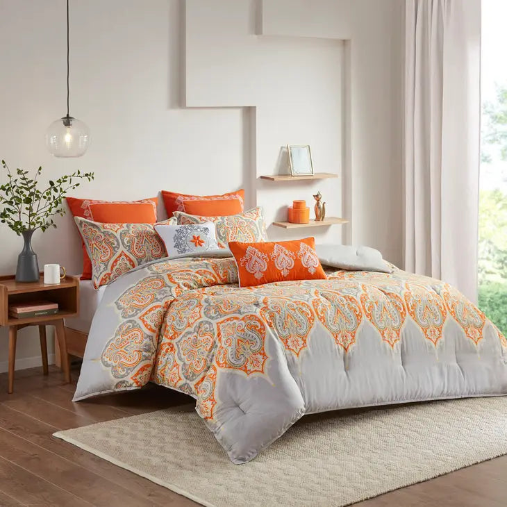 Paisley Boho Comforter Set, Orange