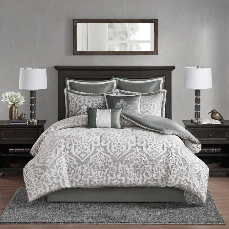 Classic Damask 8-Piece Jacquard Comforter Set, Grey/Silver