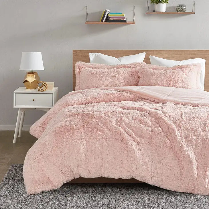 Shaggy Fur 3-Piece Comforter or Duvet Cover Set, Pink