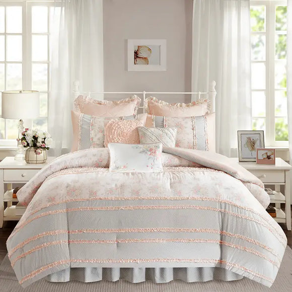 Pink Floral Cottage Comforter/Coverlet Set