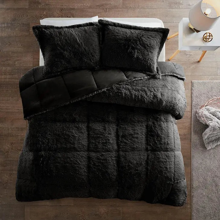 Shaggy Fur 3-Piece Comforter/Duvet Cover Set, Black