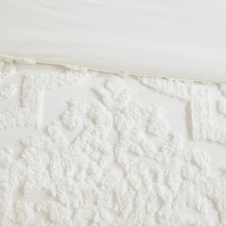 Tufted Chenille Damask Comforter/Duvet Cover Mini Set, White