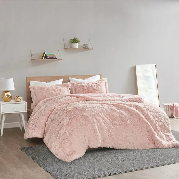 Shaggy Fur 3-Piece Comforter or Duvet Cover Set, Pink