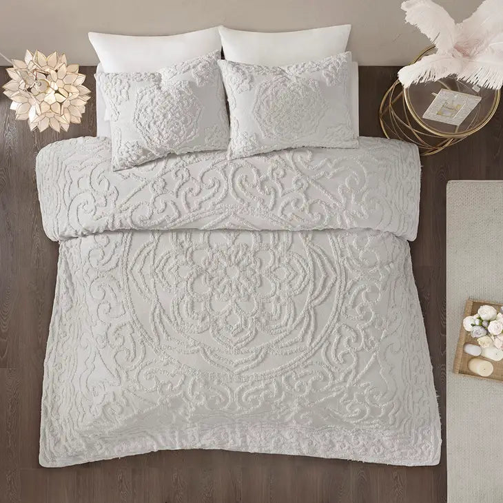 Tufted Medallion Comforter/Duvet Cover Mini Set, Grey