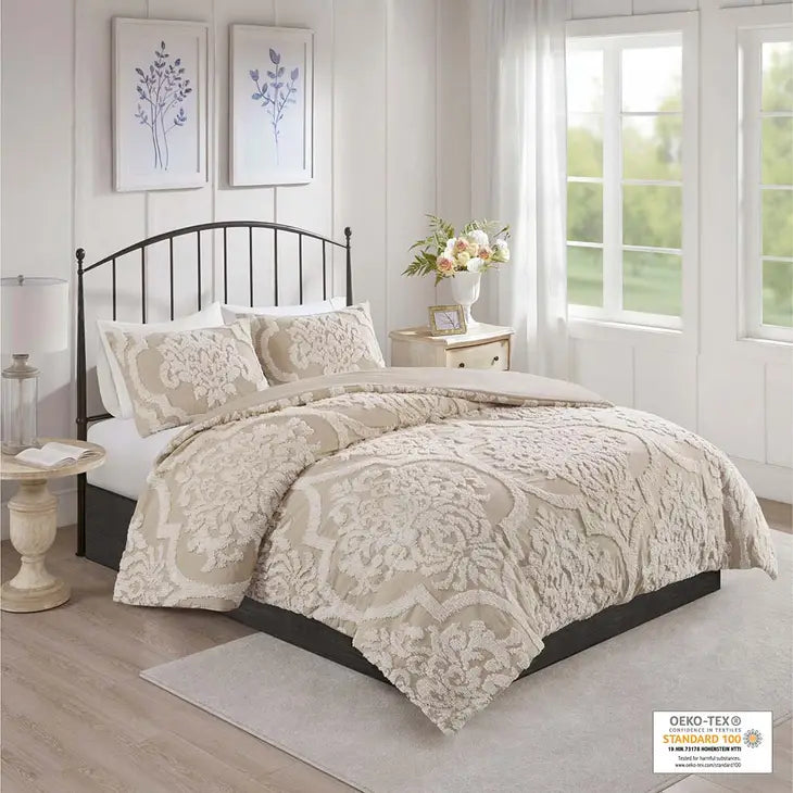 Tufted Chenille Damask Comforter/Duvet Cover Mini Set, Taupe