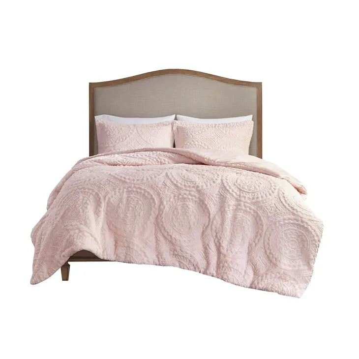 Medallion Faux Fur Plush Comforter Mini Set, Pink