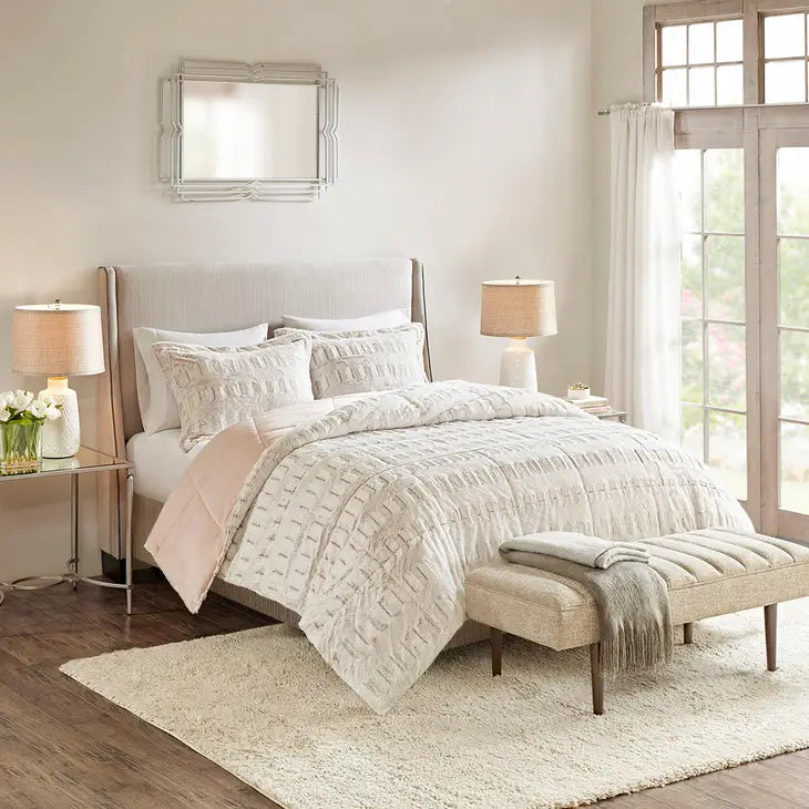 Long Faux Fur Comforter Mini Set, Blush