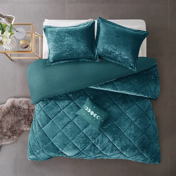Crushed Velvet 4-Piece Comforter or Duvet Cover Set, Teal
