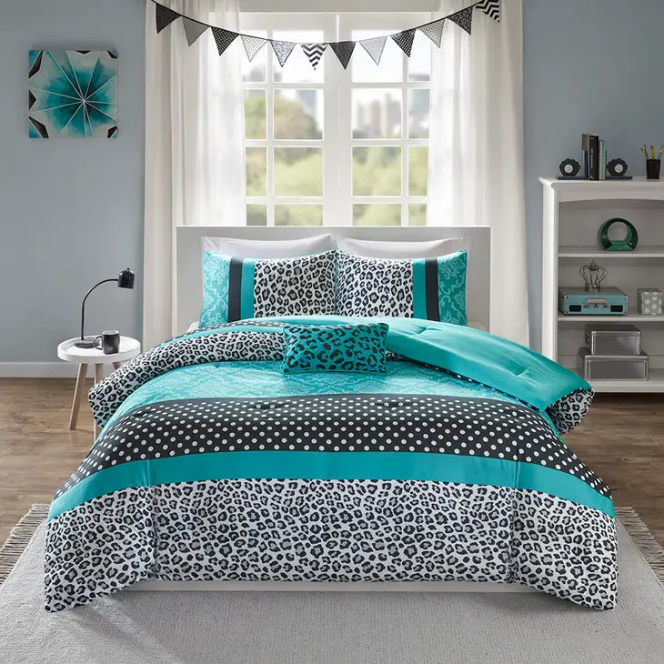 Leopard Damask 4-Piece Comforter Set, Teal Blue