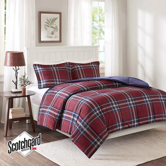 3M Scotchgard Plaid 3-Piece Comforter Set [Certified], Red