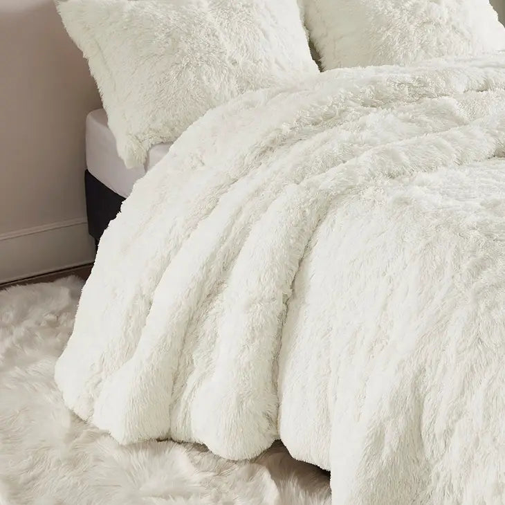 Shaggy Fur 3-Piece Comforter or Duvet Cover Set, White