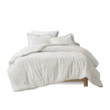 Striped Faux Fur Plush Comforter Mini Set, Ivory