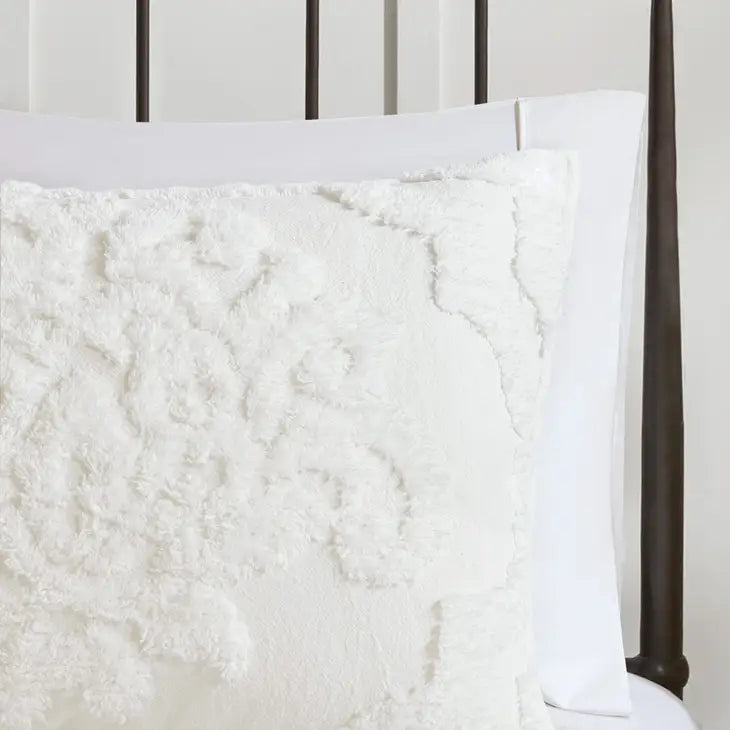 Tufted Chenille Damask Comforter/Duvet Cover Mini Set, White