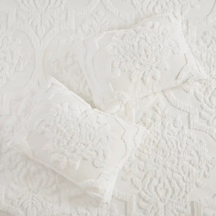 Tufted Chenille Damask Comforter/Duvet Cover Mini Set, White