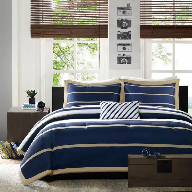 Stripes 4-Piece Comforter/Duvet Cover Set, Navy Blue/Khaki