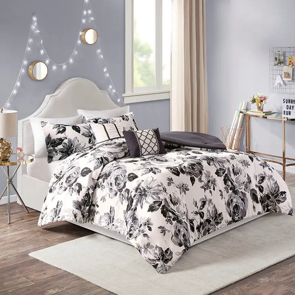 Black and White Floral Comforter/Duvet Cover Set
