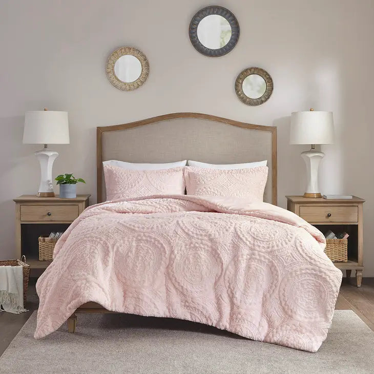 Medallion Faux Fur Plush Comforter Mini Set, Pink