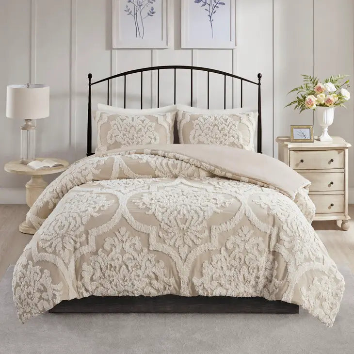 Tufted Chenille Damask Comforter/Duvet Cover Mini Set, Taupe