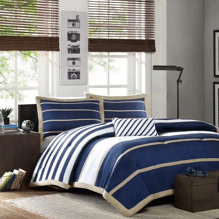 Stripes 4-Piece Comforter/Duvet Cover Set, Navy Blue/Khaki