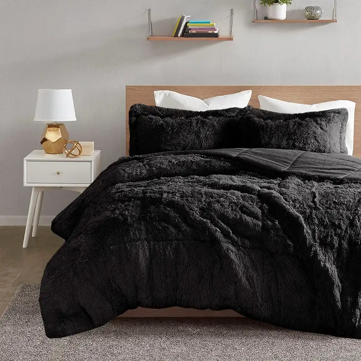 Shaggy Fur 3-Piece Comforter/Duvet Cover Set, Black