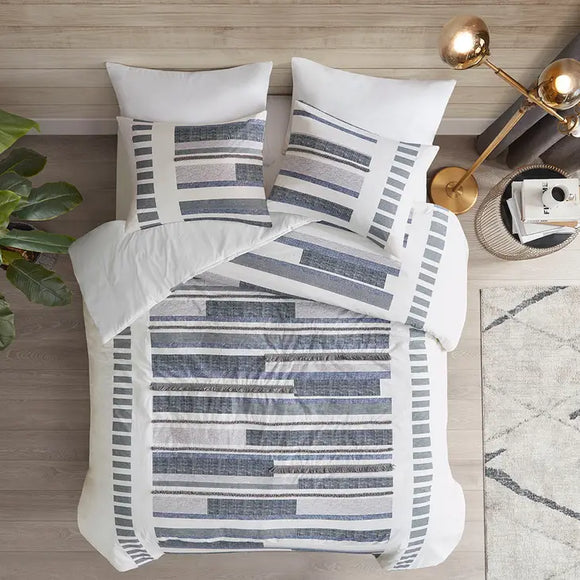 Cotton Percale Fringed Comforter/Duvet Cover Set, Navy