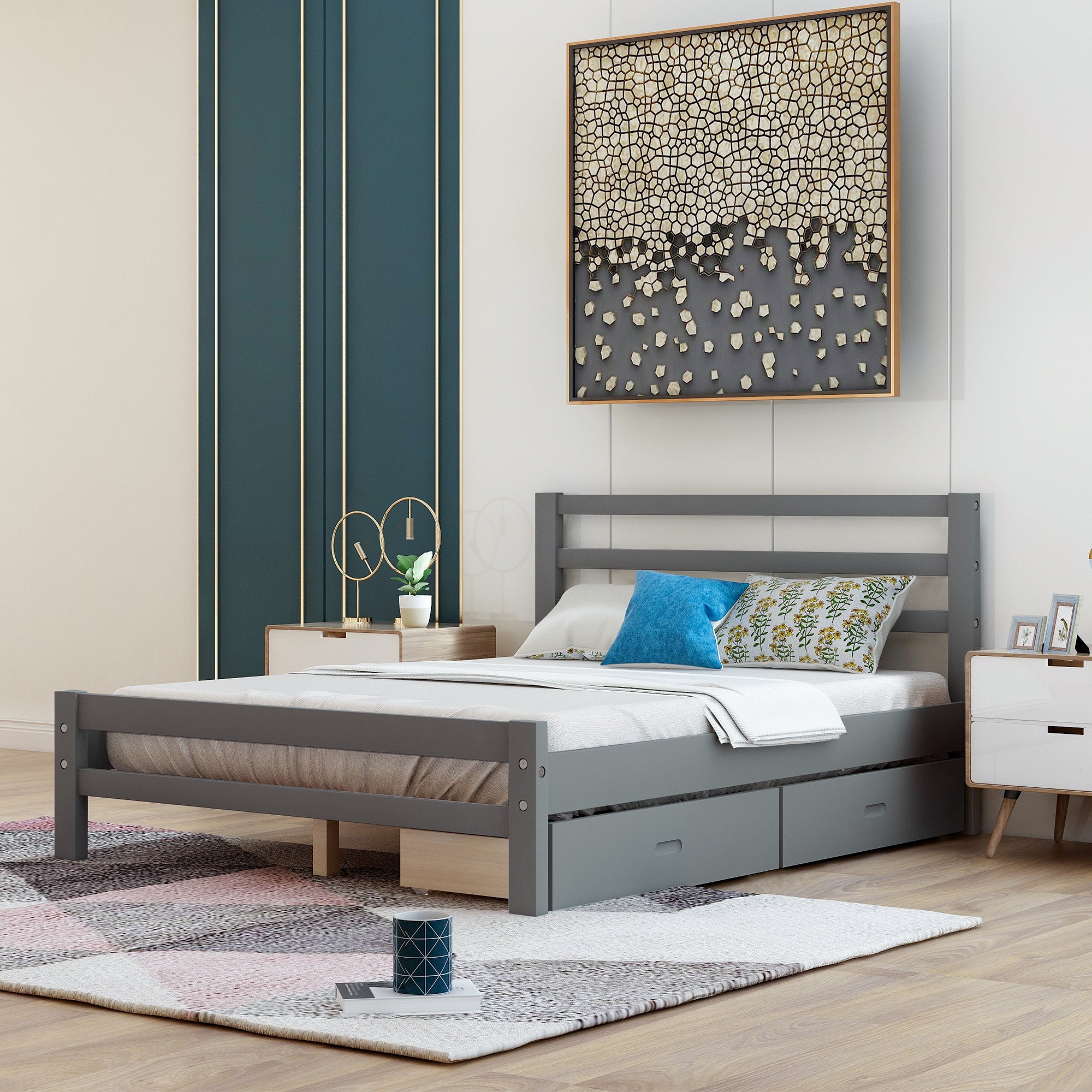 Wood Platform Bed With Two Drawers - Full