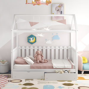 Twin Size House Bed With Drawers - Gray