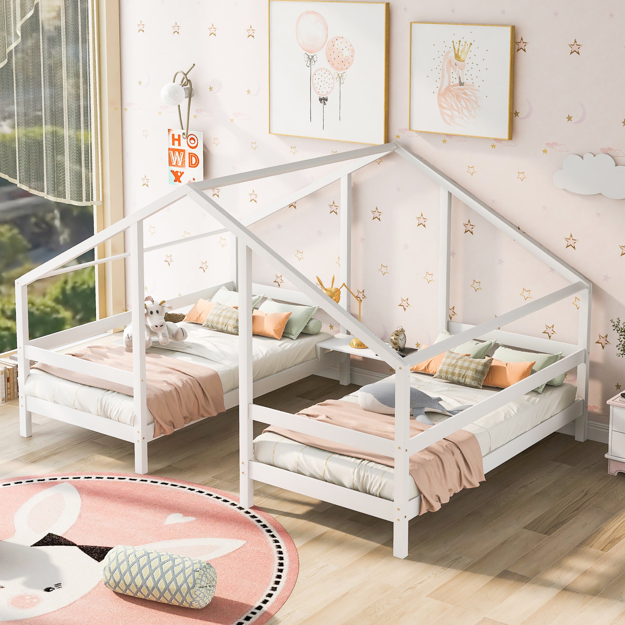 Double Twin Size Triangular House Beds with Built-in Table - Gray
