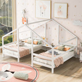 Double Twin Size Triangular House Beds with Built-in Table - Gray
