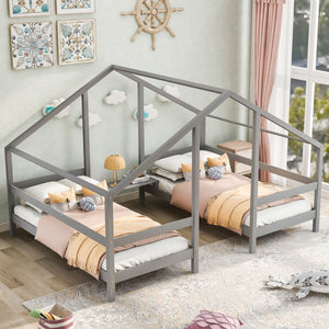 Double Twin Size Triangular House Beds with Built-in Table - Gray