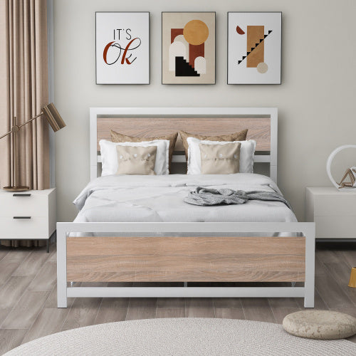 Metal and Wood Bed Frame with Headboard and Footboard - Full Size