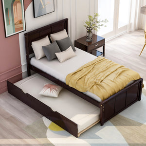 Twin Bed Frames with Headboard, Wood Twin Bed with Trundle, Platform Bed for Guest Room, Boys and Girls, Twin Size, Espresso RT