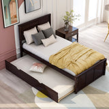 Twin Bed Frames with Headboard, Wood Twin Bed with Trundle, Platform Bed for Guest Room, Boys and Girls, Twin Size, Espresso RT