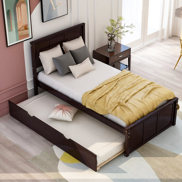 Twin Bed Frames with Headboard, Wood Twin Bed with Trundle, Platform Bed for Guest Room, Boys and Girls, Twin Size, Espresso RT