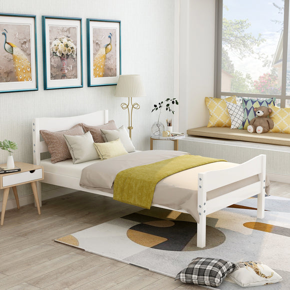 Twin Size Wood Platform Bed with Headboard and Wooden Slat Support (White) RT