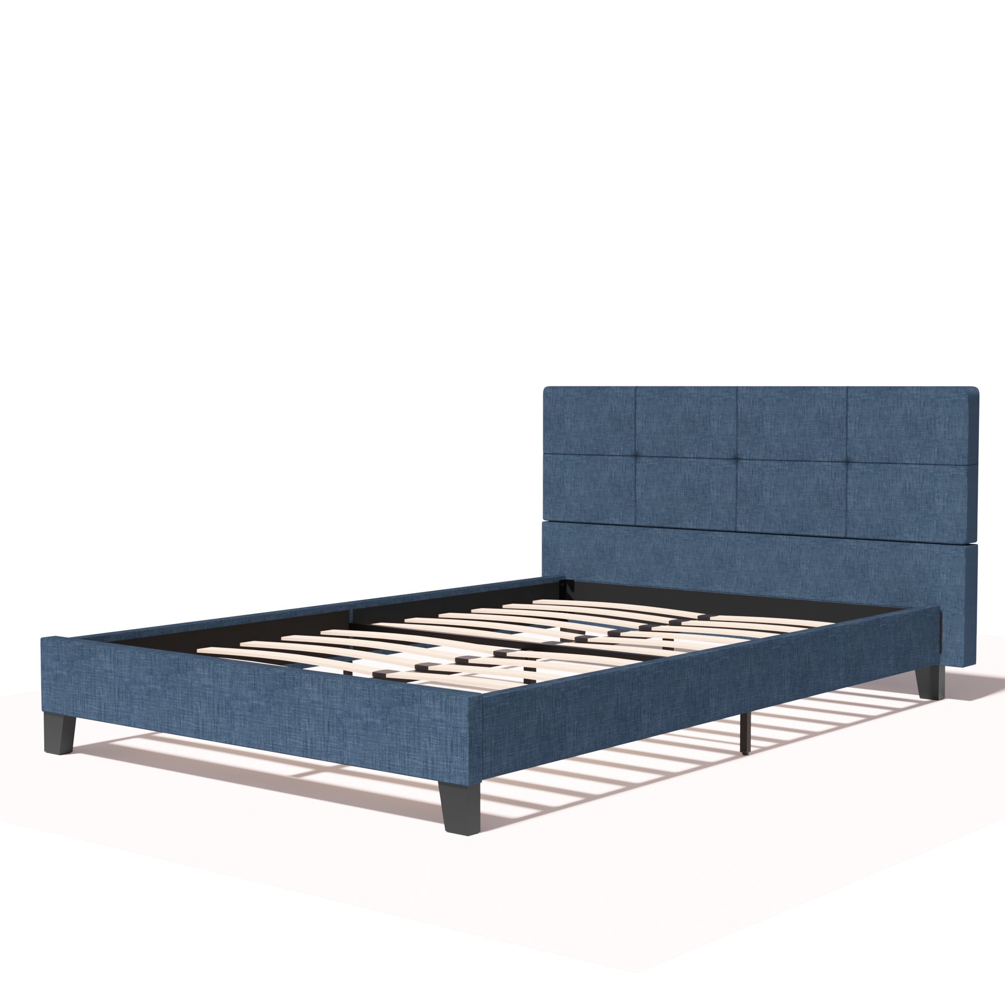 Upholstered Linen Full Platform Bed with Metal Frame and Tufted Square Stitched Headboard - Strong Wood Slats Support - Blue Cloth
