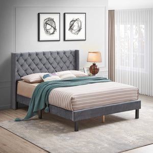 Upholstered Bed with Wings Design - Strong Wood Slat Support - Dark Gray Velvet Queen Platform Bed