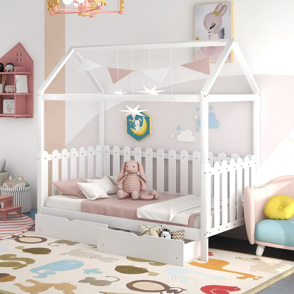 Twin Size House Bed with Drawers