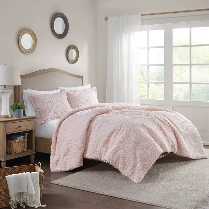 Medallion Faux Fur Plush Comforter Mini Set, Pink