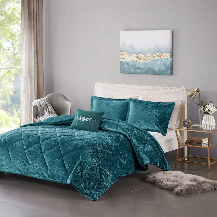 Crushed Velvet 4-Piece Comforter or Duvet Cover Set, Teal