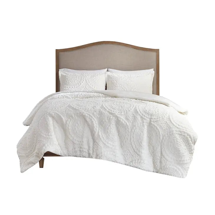 Medallion Faux Fur Plush Comforter/Duvet Cover Set, Ivory