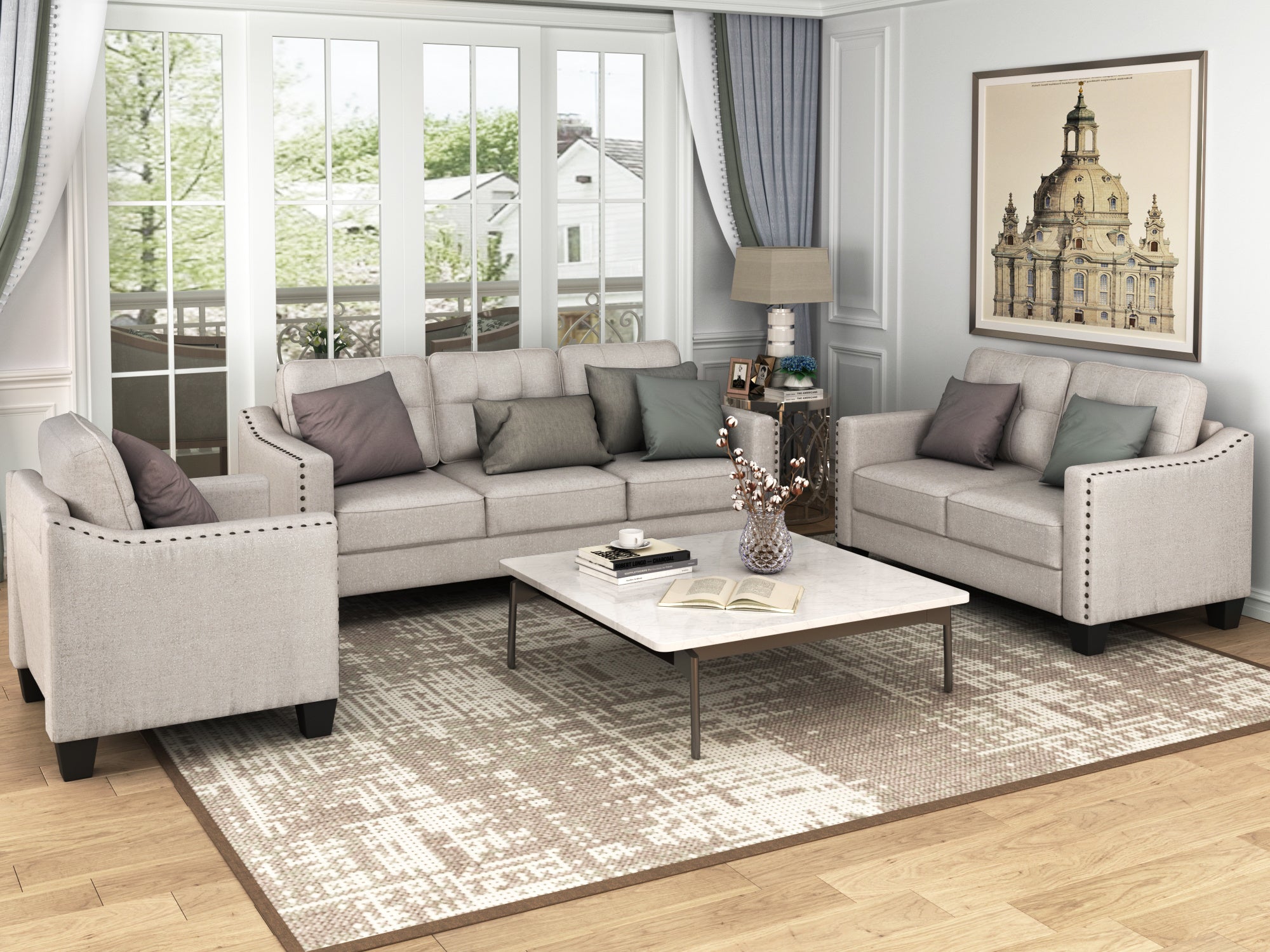 3 Piece Living Room Set with tufted cushions